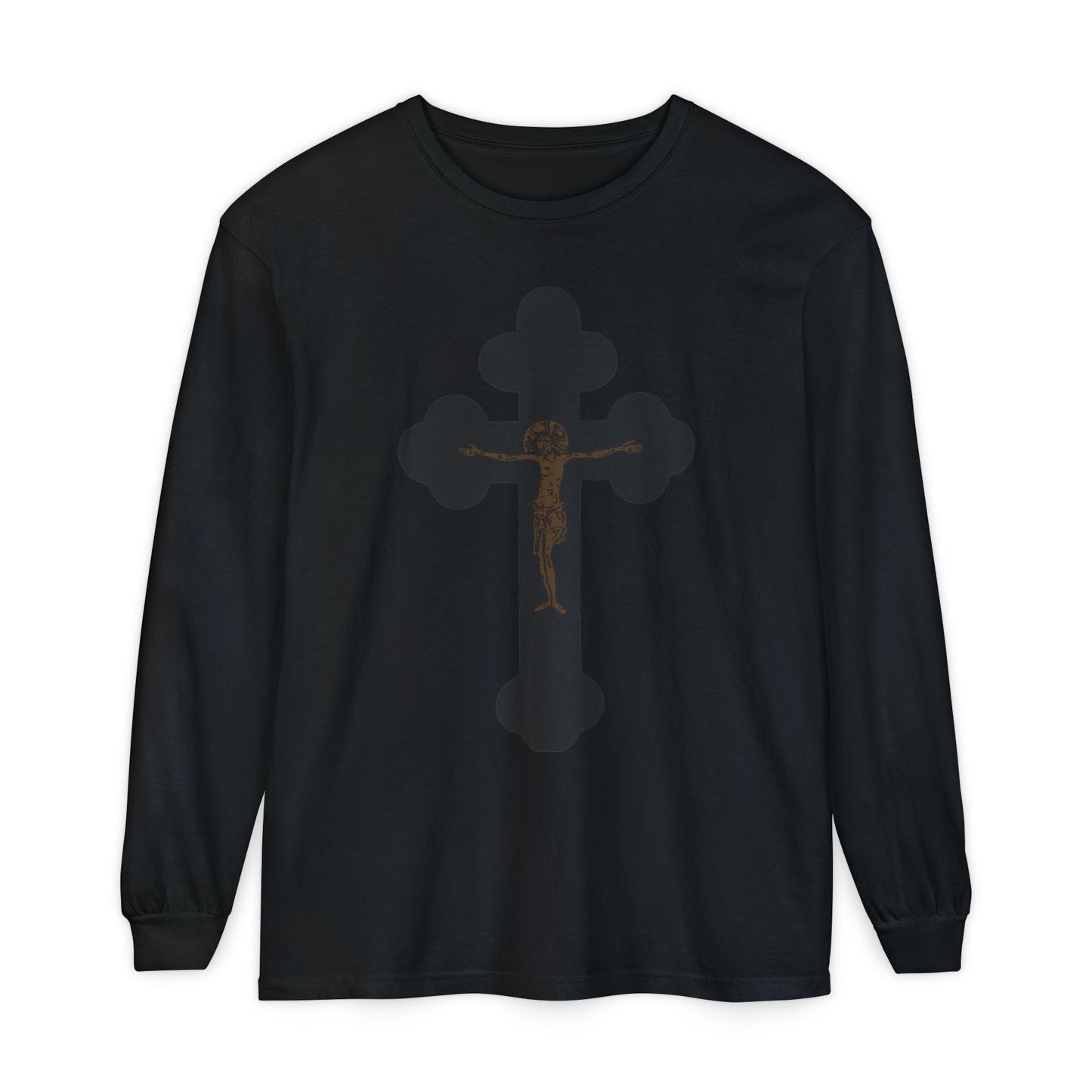 Black & Bronze Orthodox Crucifix Icono-Graphic long sleeve in black, featuring a minimalist crucifix design and "I Am Crucified with Christ" theme. Christian cotton shirt inspired by ascetic tradition.