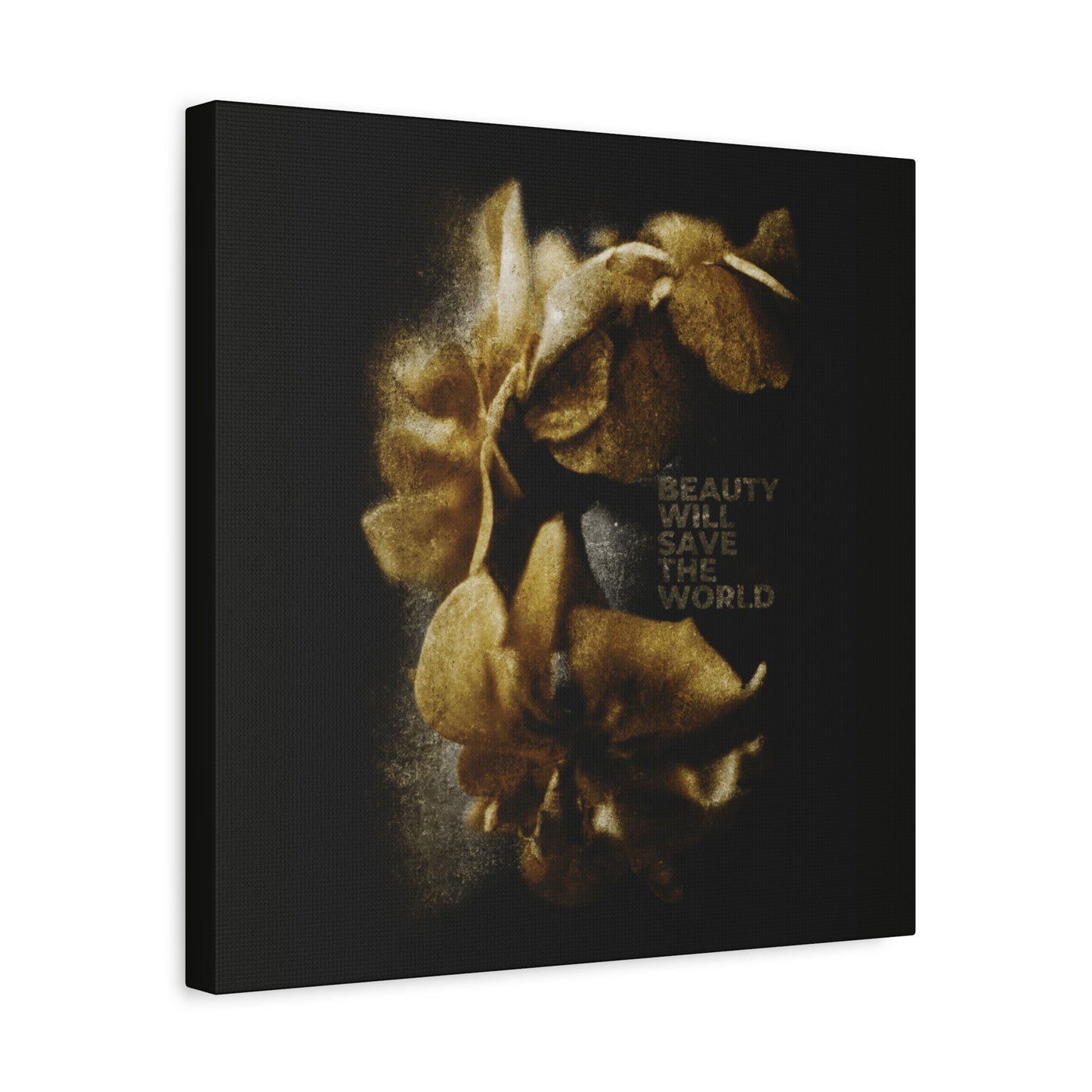 Beauty Will Save the World | Dostoevsky: Christian wall art featuring gold-toned flowers on black, original photography, and the text “Beauty will save the world”—glorifying Jesus Christ as Universal Creator & King.