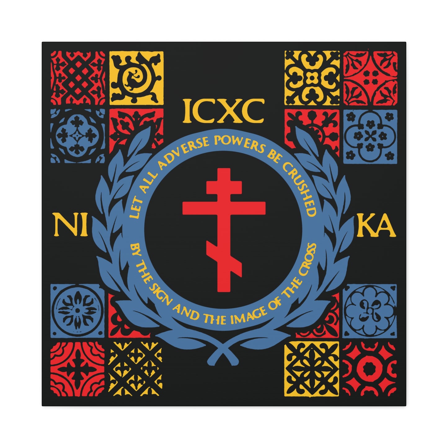 Let All Adverse Powers Be Crushed (Red, Yellow & Blue Design) | ICXC NIKA | Medieval Tile Design | Orthodox Christian Canvas Art