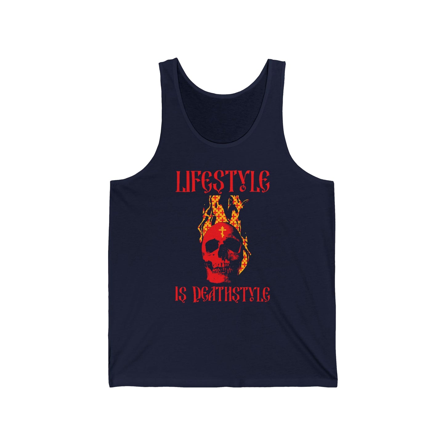 Lifestyle is Deathstyle | Burning Red Skull with Orthodox Cross | How You Live is How You Die | Orthodox Christian Cotton Tank Top / Sleeveless Shirt