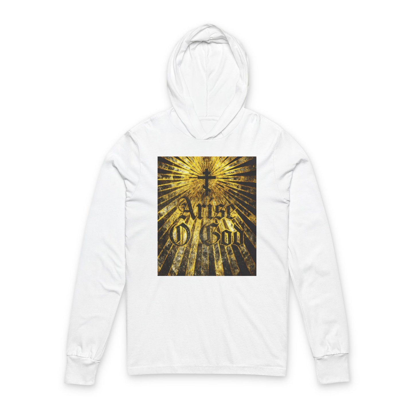 White hoodie with Orthodox cross, golden rays, and "Arise O God" in textured Gothic font—a nod to the Divine Council worldview of Psalm 81 (82 LXX). Perfect for Orthodox Christians.