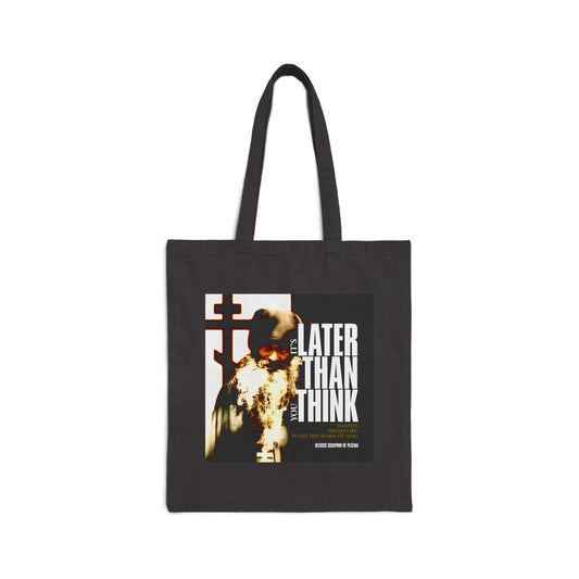 Black tote bag with Fr Seraphim Rose photo and "IT'S LATER THAN YOU THINK" in bold modern cinematic poster typography—a thoughtful Orthodox Christian accessory.
