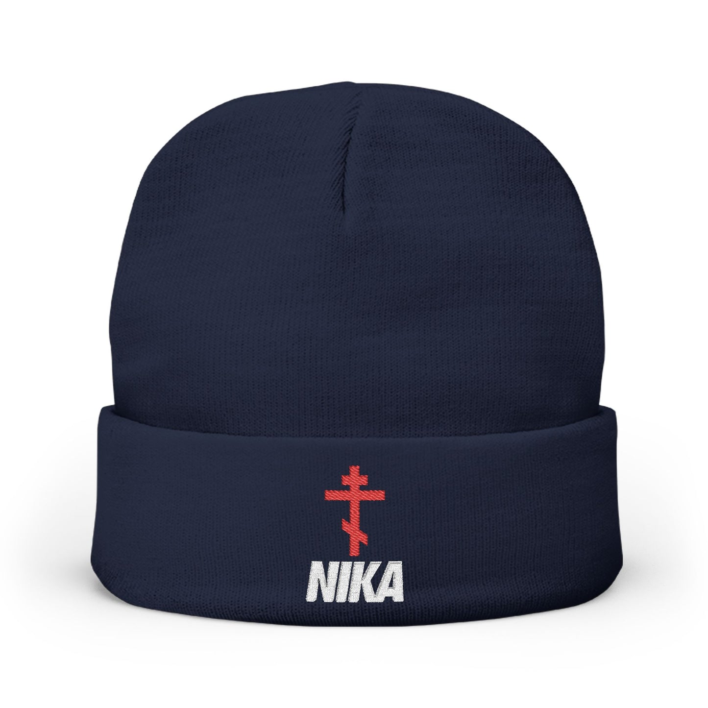 NIKA Red Embroidered Orthodox Cross | NIKE Logo Mashup | Athletic Aesthetic | Orthodox Christian Embroidered Knit Beanie