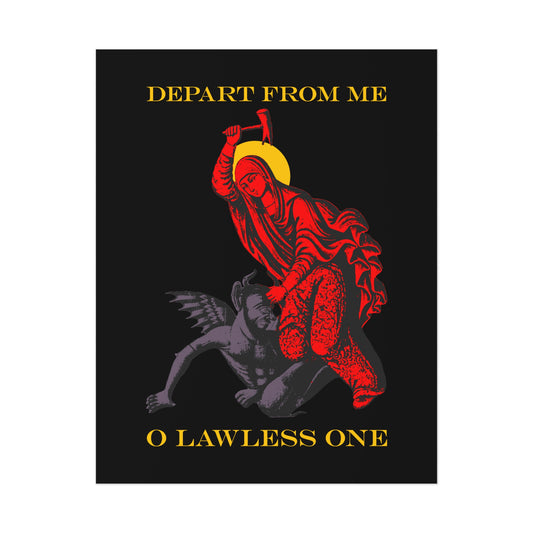 The St Marina IconoGraphic poster shows Saint Marina in red robes with a halo, beating the devil with a hammer; text reads "DEPART FROM ME O LAWLESS ONE." Bestselling Orthodox Christian art.