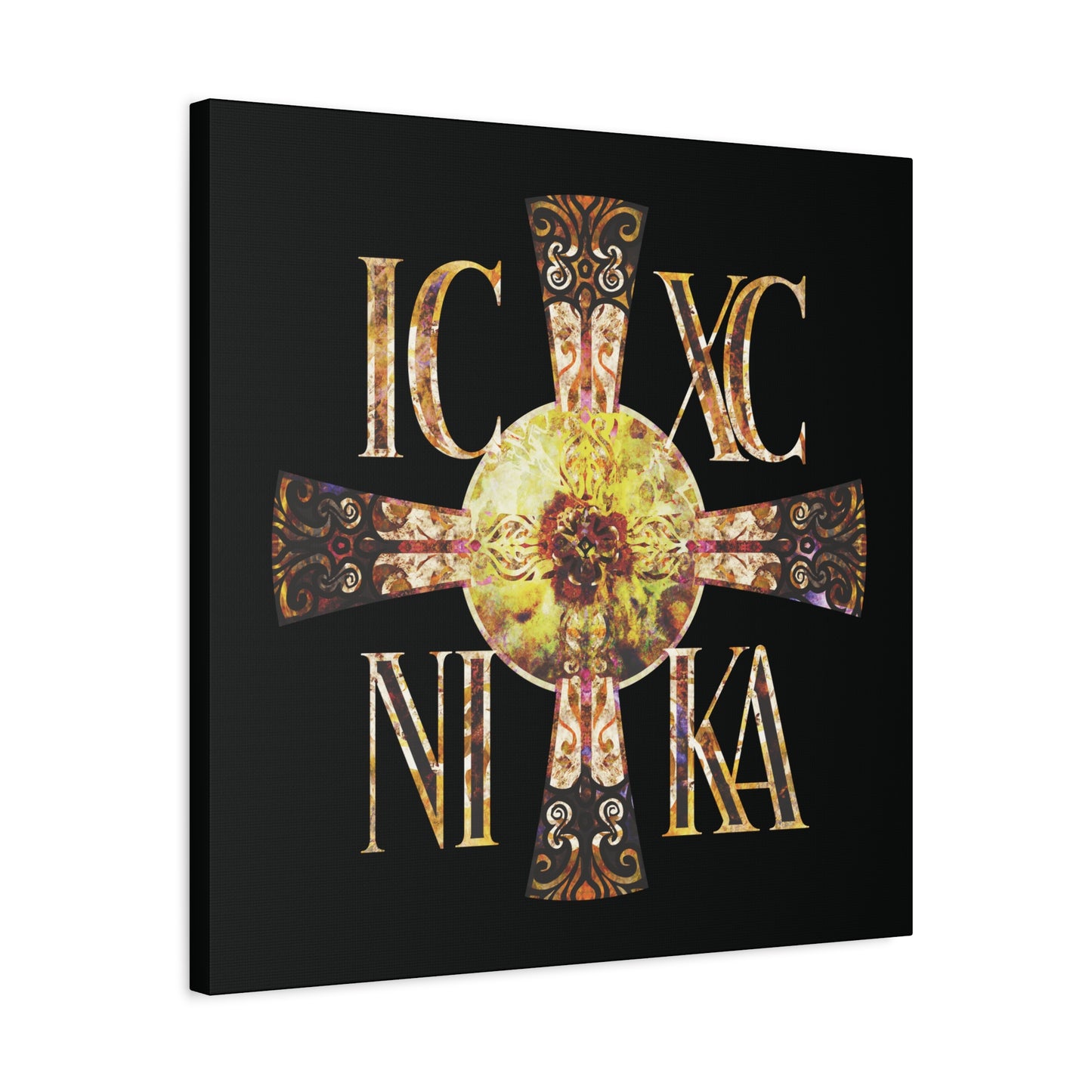ICXC NIKA Celtic Style Equal Armed Cross | Bright Solar Texture | Orthodox Christian Canvas Art
