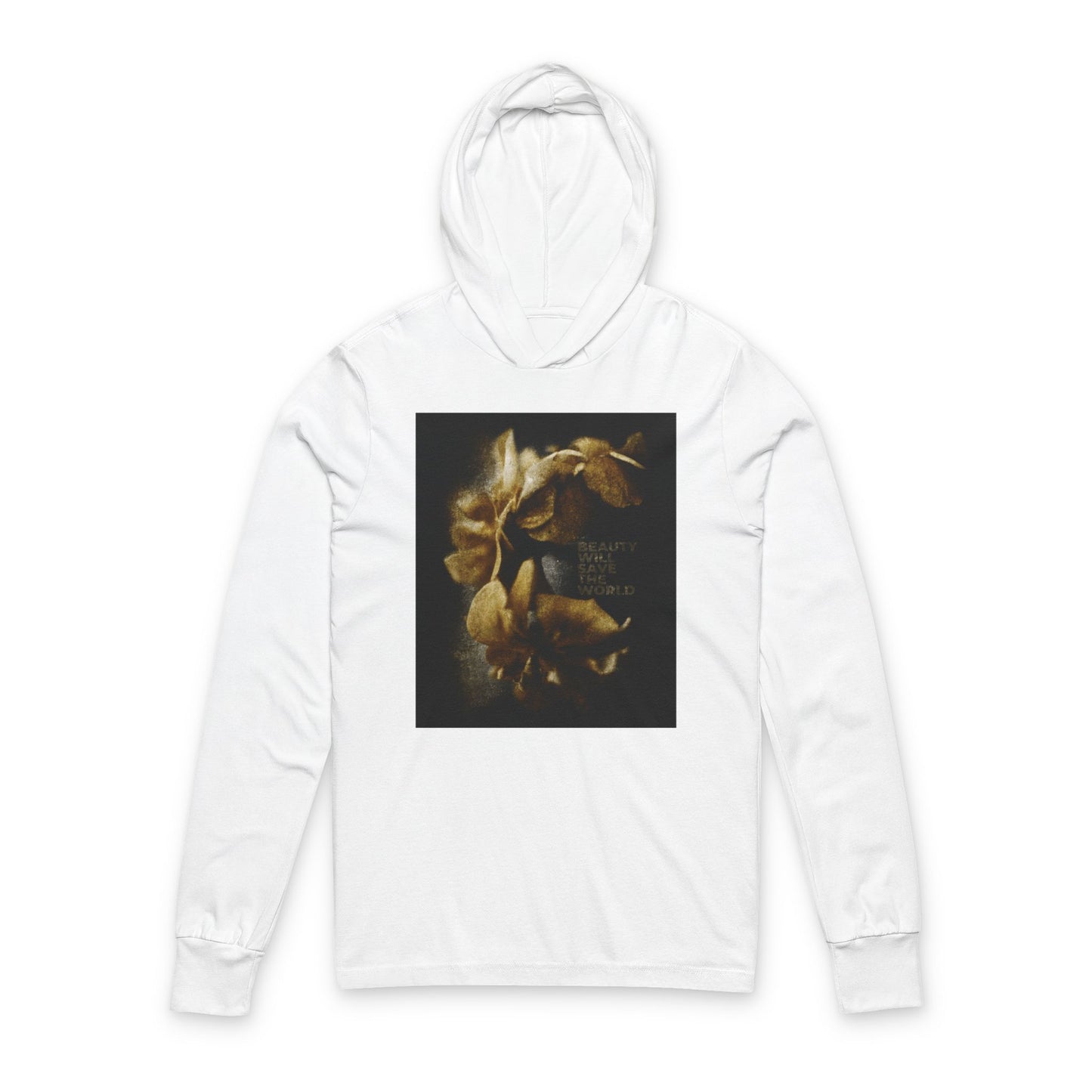 White hoodie featuring a photographic artwork glorifying Jesus Christ with "BEAUTY WILL SAVE THE WORLD" text, inspired by Dostoevsky.