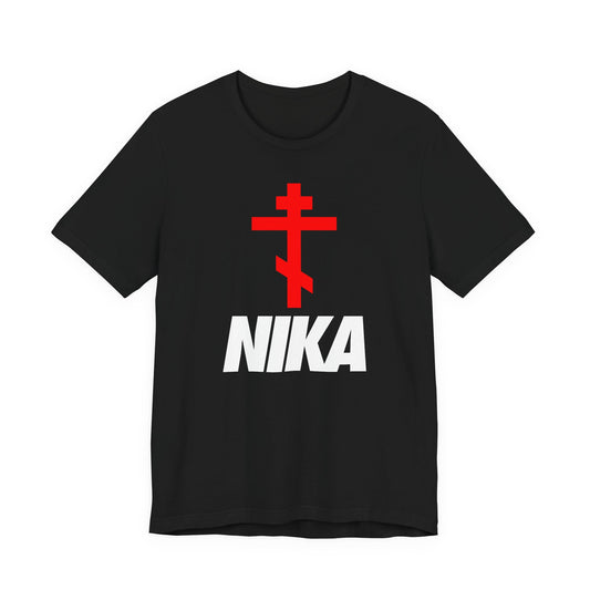 Black T-shirt with a minimalist Orthodox cross and bold NIKA text, inspired by Orthodox iconography and Christian symbolism; features a unique NIKE logo mashup, perfect for athletic ascetic fashion.