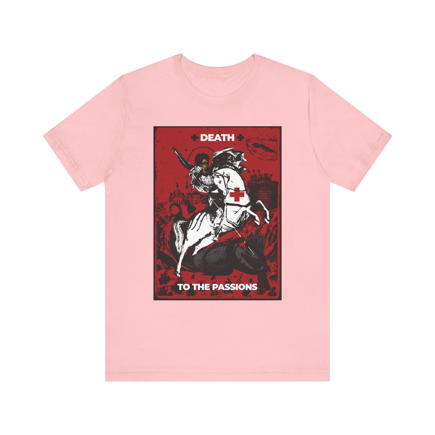 Pink “St George Slaying the Dragon | Death to the Passions” lightweight cotton unisex t-shirt featuring a striking graphic of St George on horseback and bold DEATH TO THE PASSIONS text—an ascetic Orthodox Christian message inspired by Unseen Warfare, encouraging reflection and mastery over passions.