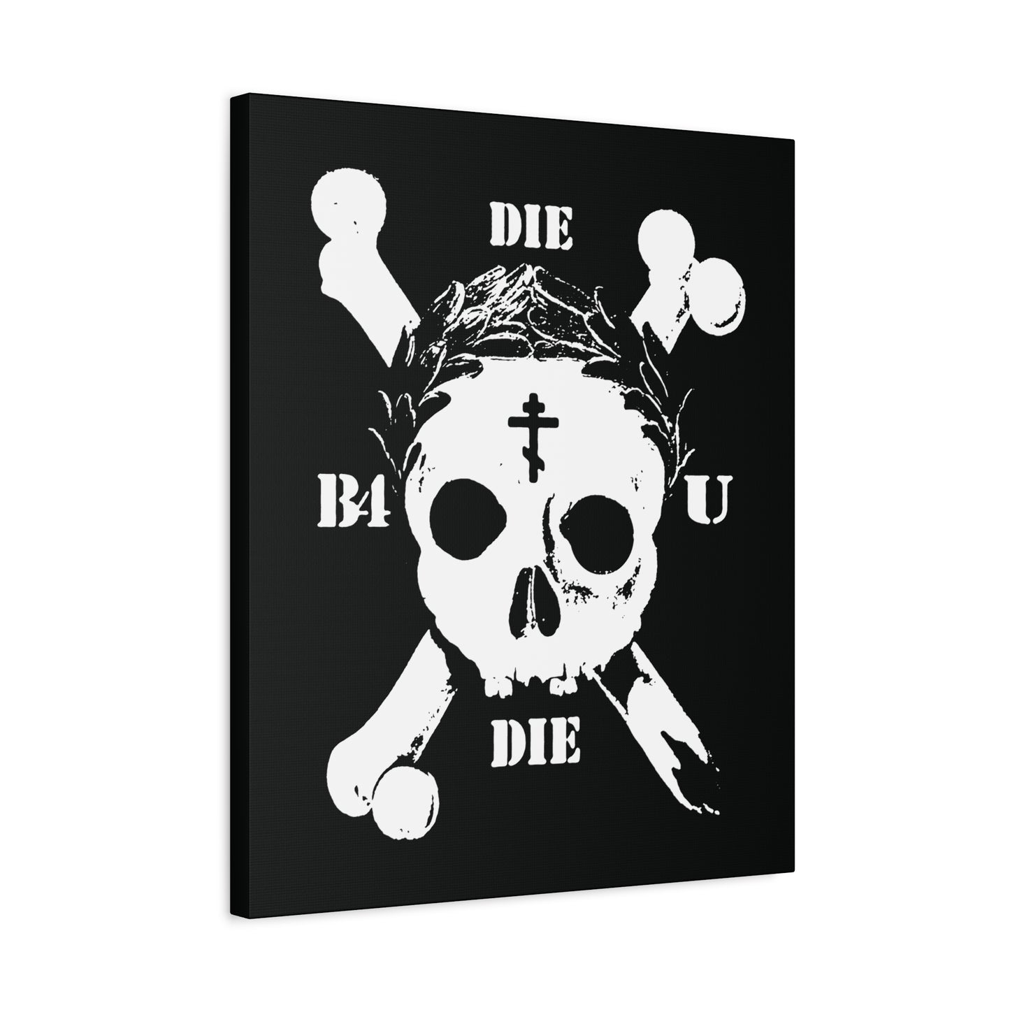 Die Before You Die | Retro Skull & Crossbones with Orthodox Cross and Laurel Victory Wreath—Memento Mori ascetic Christian wall art inspired by Matthew 16:24-25: "deny himself and take up his cross.