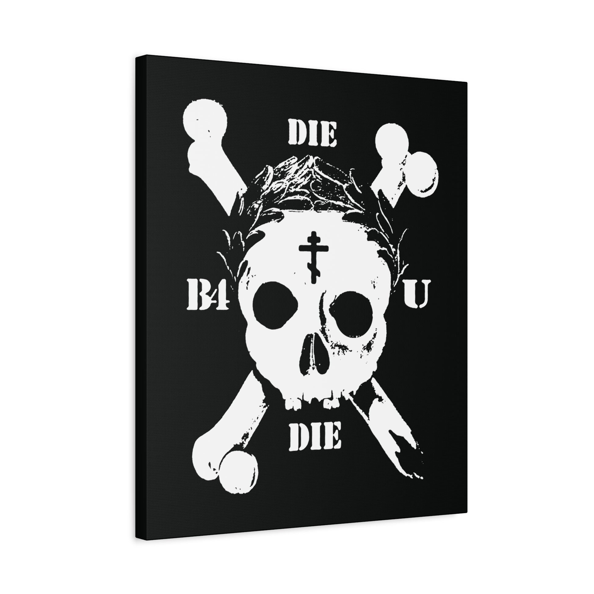 Die Before You Die | Retro Skull & Crossbones with Orthodox Cross and Laurel Victory Wreath—Memento Mori ascetic Christian wall art inspired by Matthew 16:24-25: "deny himself and take up his cross.