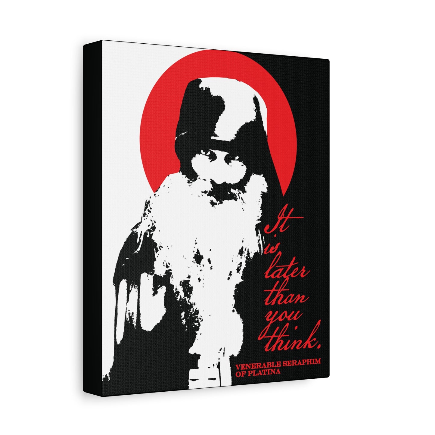 Remembrance of Death "It’s Later Than You Think" canvas features a high-contrast black and white portrait of Fr. Seraphim Rose, red halo and script, and the phrase “Memento Mori”—a striking modern Orthodox Christian wall art piece.