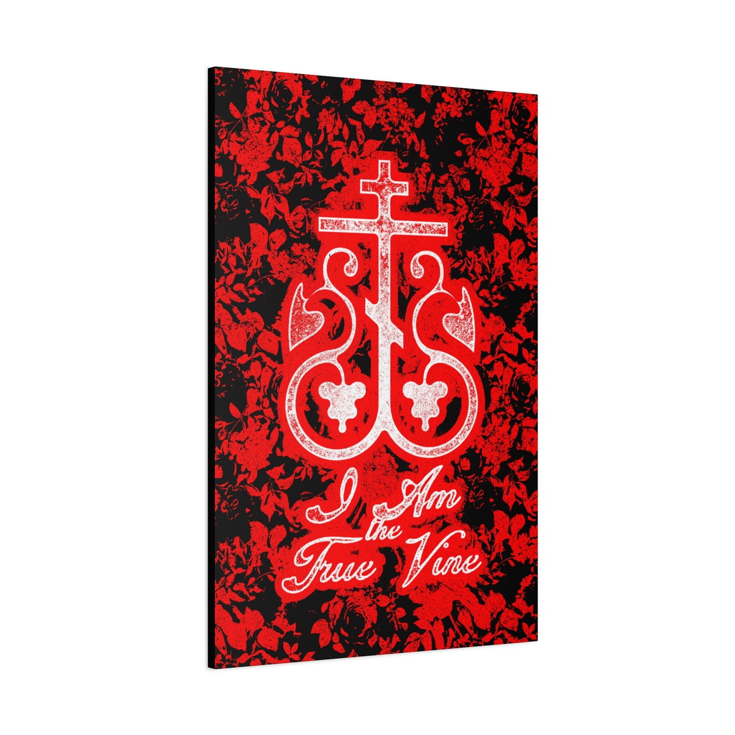 I Am the True Vine (John 15:1) | Orthodox Cross Vine Monogram | Red and Black Floral Design | Orthodox Christian Canvas Art
