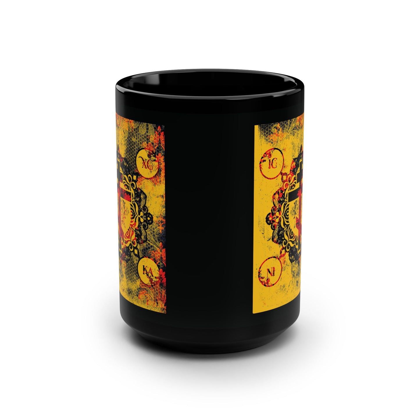 IC XC NIKA Orthodox Cross | Yellow & Red Modern & Medieval Textured Floral Design | Orthodox Christian Black Mug