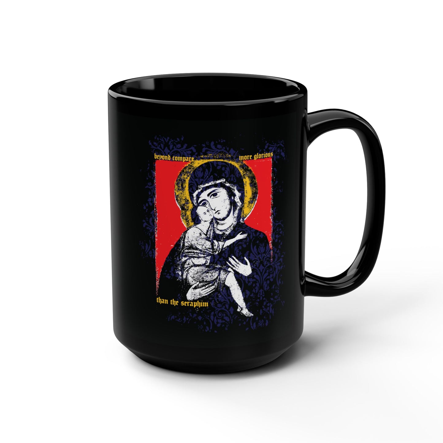 Beyond Compare More Glorious Than the Seraphim | Vladimir Theotokos Iconographic | Orthodox Christian Black Mug