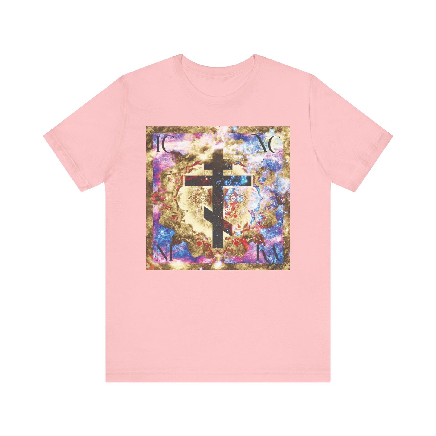 Pink "ICXC NIKA Gold & Blue Colorful Cosmic Textured Cross" Orthodox Christian lightweight cotton unisex t-shirt, featuring a multicolored abstract art frame and a black cross at the center—an inspiring symbol of the power of the Cross and deliverance from evil, rooted in the faith of St. John of Kronstadt.