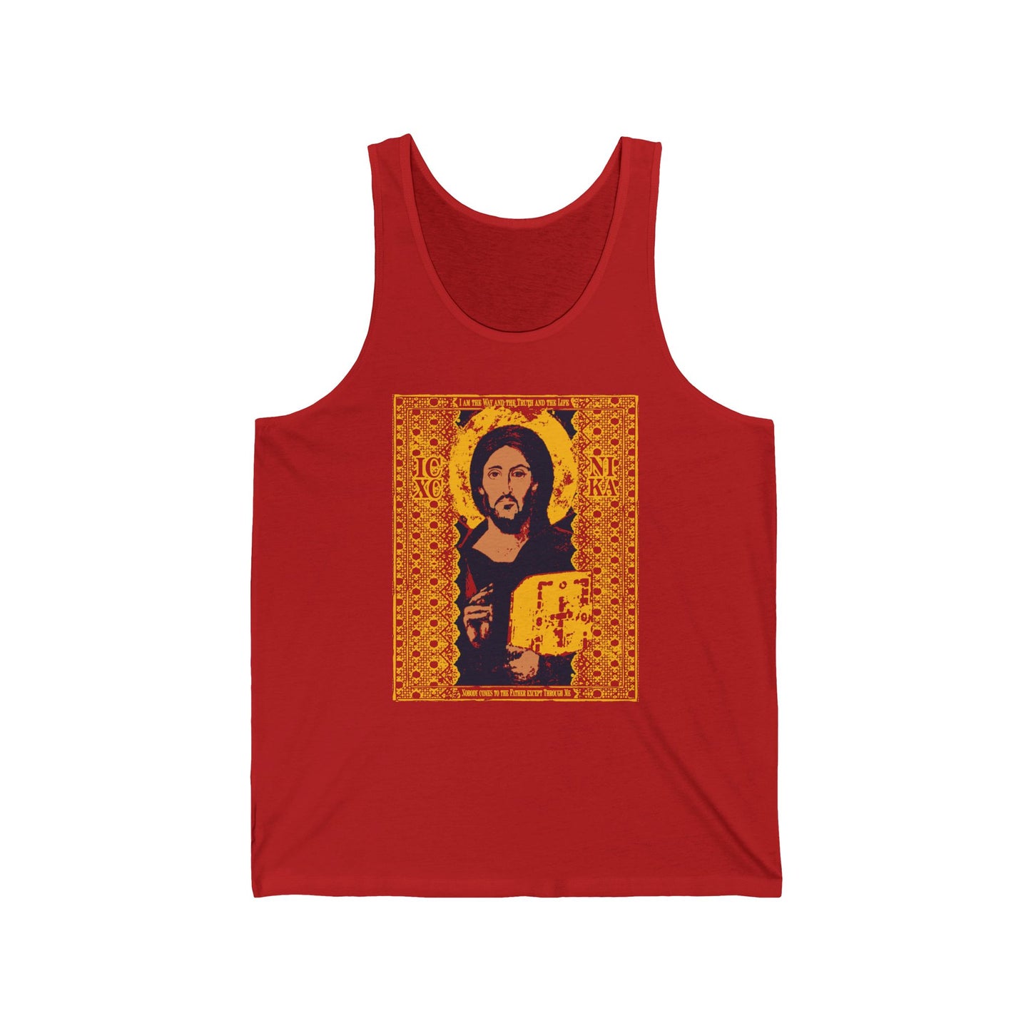 Red tank top featuring the Jesus Christ Sinai Pantocrator iconography with "I am the Way John 14:6" and ICXC NIKA, in a yellow, red, and blue Orthodox Christian design.