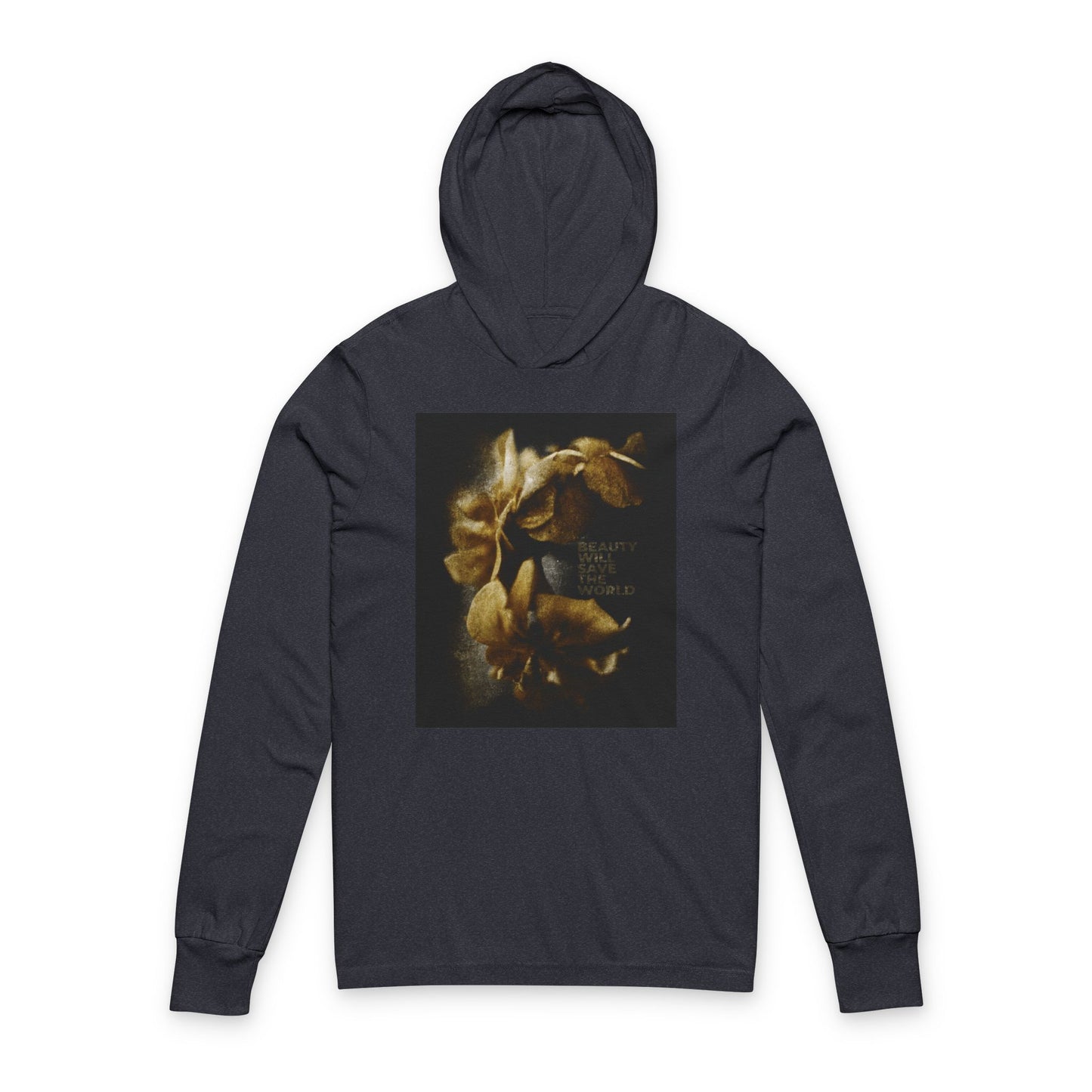 Heather navy hoodie with a floral graphic from original photography and "BEAUTY WILL SAVE THE WORLD" in gold, celebrating Jesus Christ as Universal Creator & King. Inspired by Dostoevsky. Christian hooded shirt.