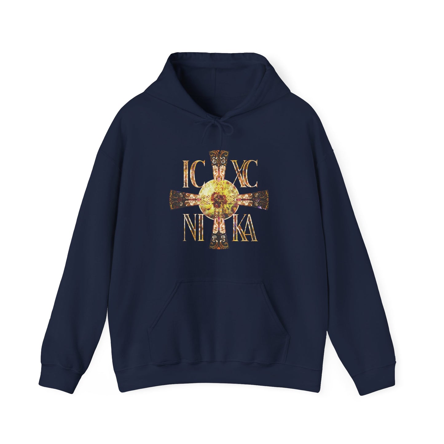 ICXC NIKA Celtic Style Equal Armed Cross | Bright Solar Texture | Orthodox Christian Hoodie