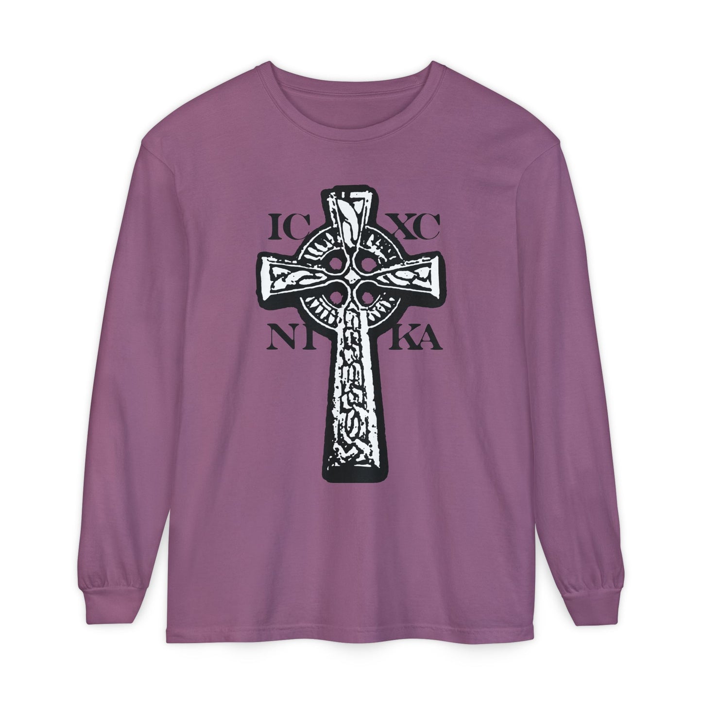 Berry long-sleeve shirt featuring the ICXC NIKA Celtic Knotwork Cross in striking black and white on a red background; a traditional Orthodox Christian design.
