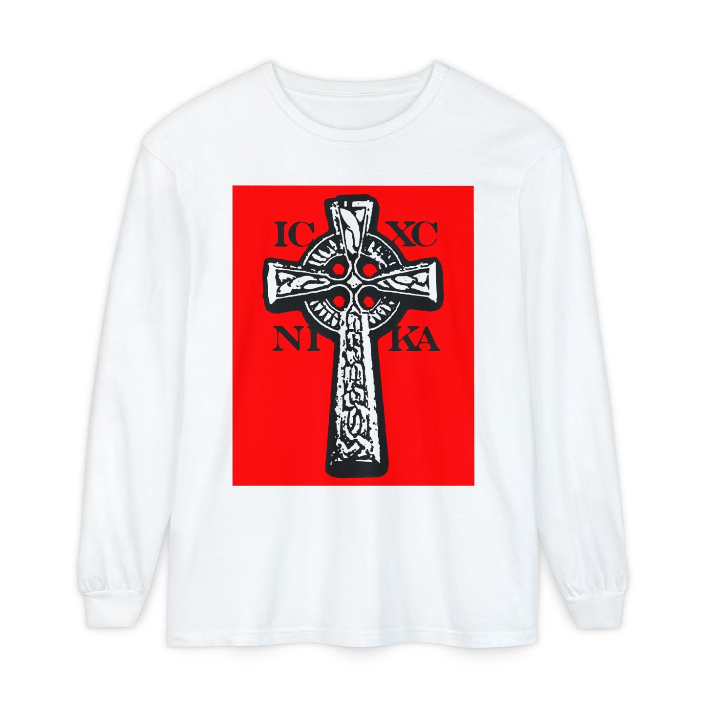 White ICXC NIKA Celtic Knotwork Cross long sleeve shirt featuring a black and white cross on a red background with "Jesus Christ Conquers"—a traditional Orthodox Christian reminder of faith and salvation.
