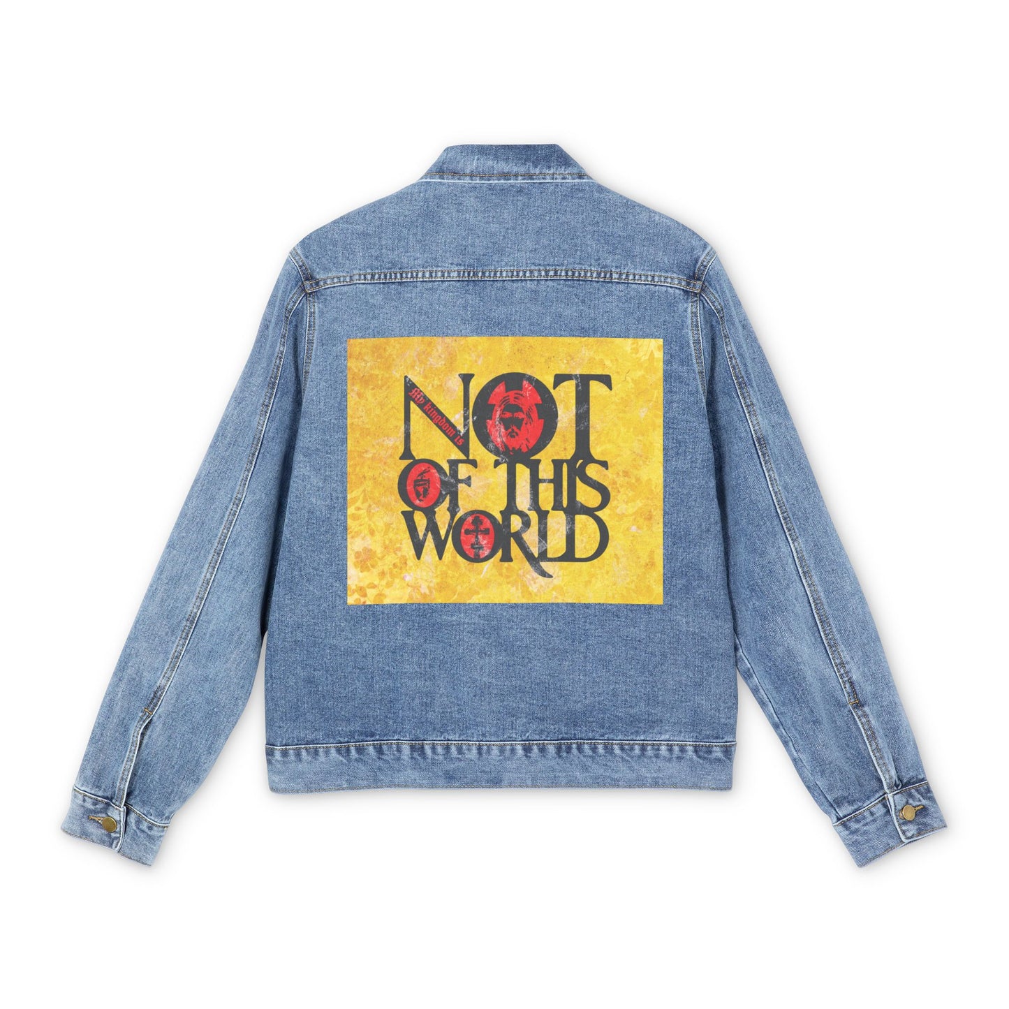 My Kingdom is Not of This World (John 18:36) | Bold Red, Yellow & Black Textured Design with Icon Motifs | Orthodox Christian Blue Denim Jacket