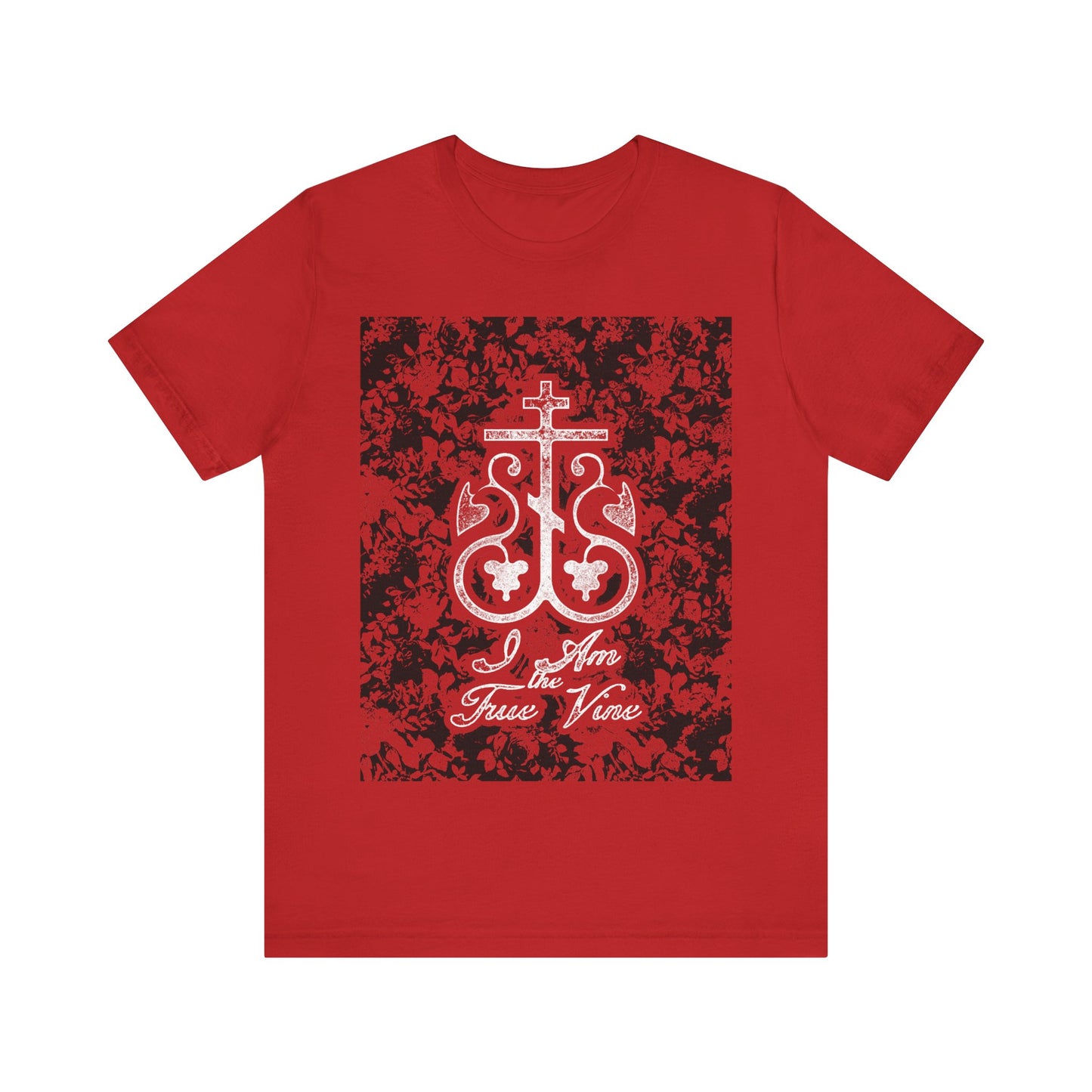 I Am the True Vine (John 15:1) | Orthodox Cross Vine Monogram | Red and Black Floral Design | Orthodox Christian T-Shirt