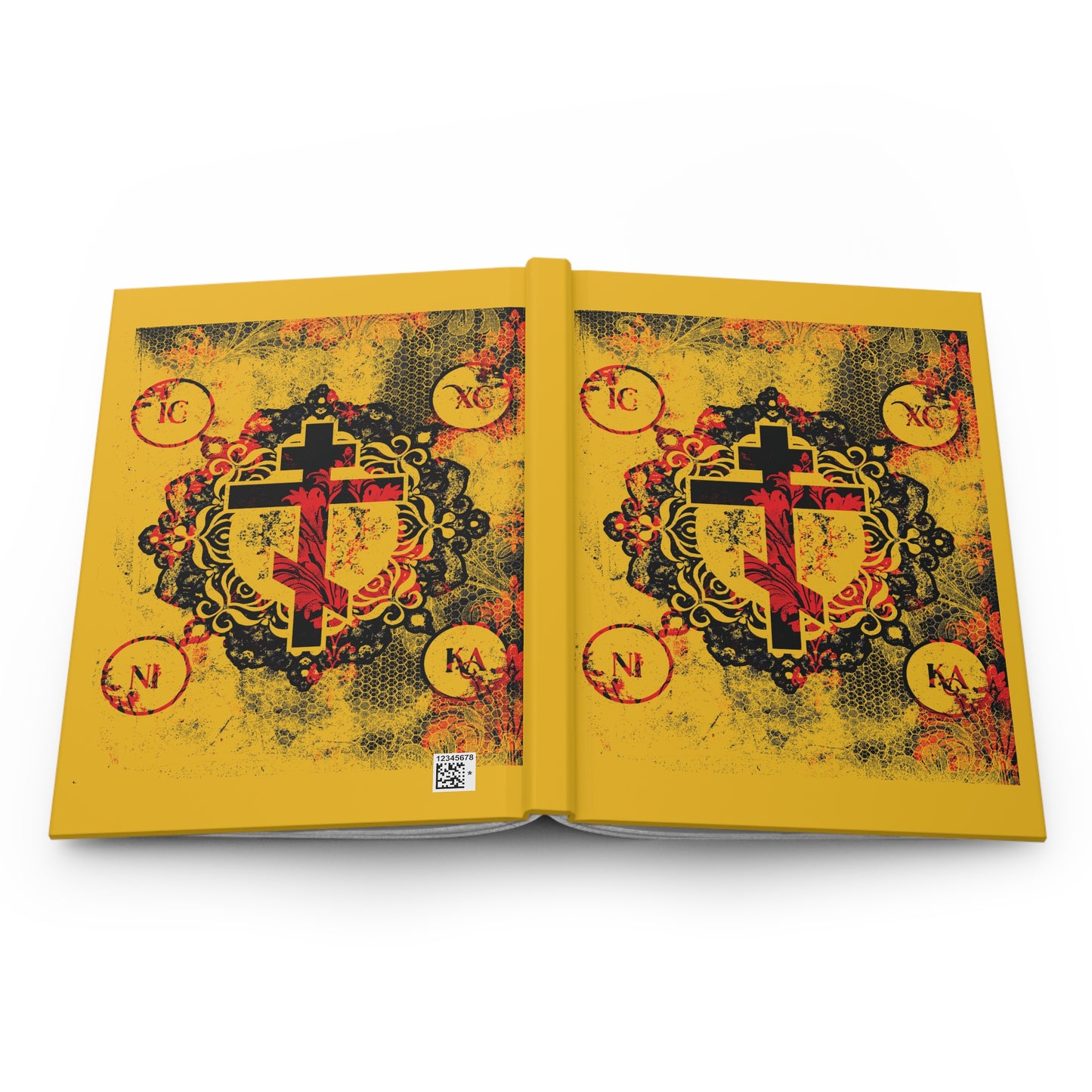 IC XC NIKA Orthodox Cross | Yellow & Red Modern & Medieval Textured Floral Design | Orthodox Christian Hardcover Journal