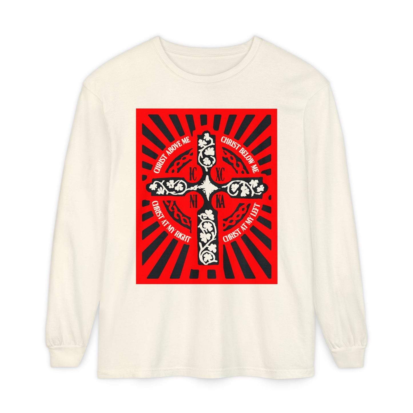 Red ICXC NIKA Enniskillen Celtic Cross | Lorica of St. Patrick | Shield Prayer | Orthodox Christian Long Sleeve Shirt