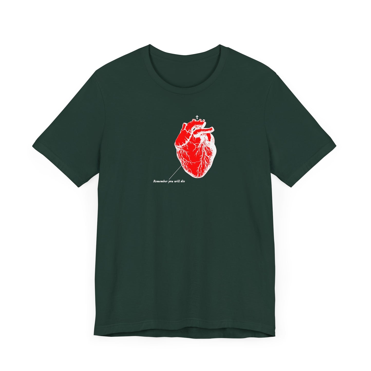 This dark green t-shirt, made from high-quality cotton, showcases a bold red anatomical heart graphic titled Remember You Will Die, reflecting its design name: Retro Medical Textbook Heart Design with Inverted Shadows—an exemplar of thoughtful design.