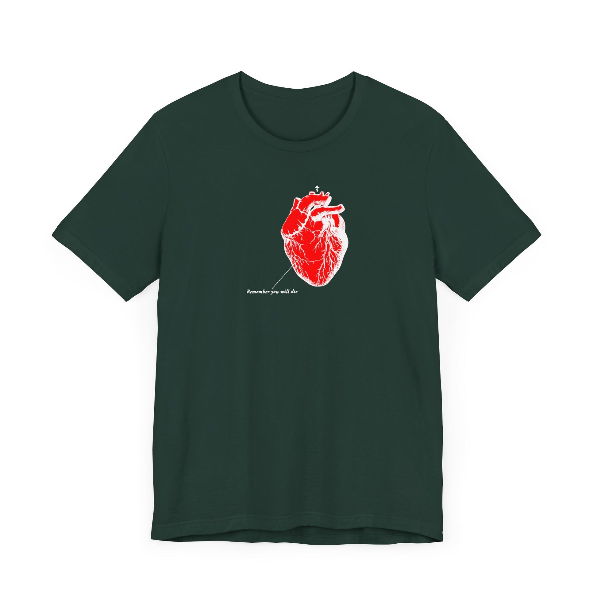 This dark green t-shirt, made from high-quality cotton, showcases a bold red anatomical heart graphic titled Remember You Will Die, reflecting its design name: Retro Medical Textbook Heart Design with Inverted Shadows—an exemplar of thoughtful design.