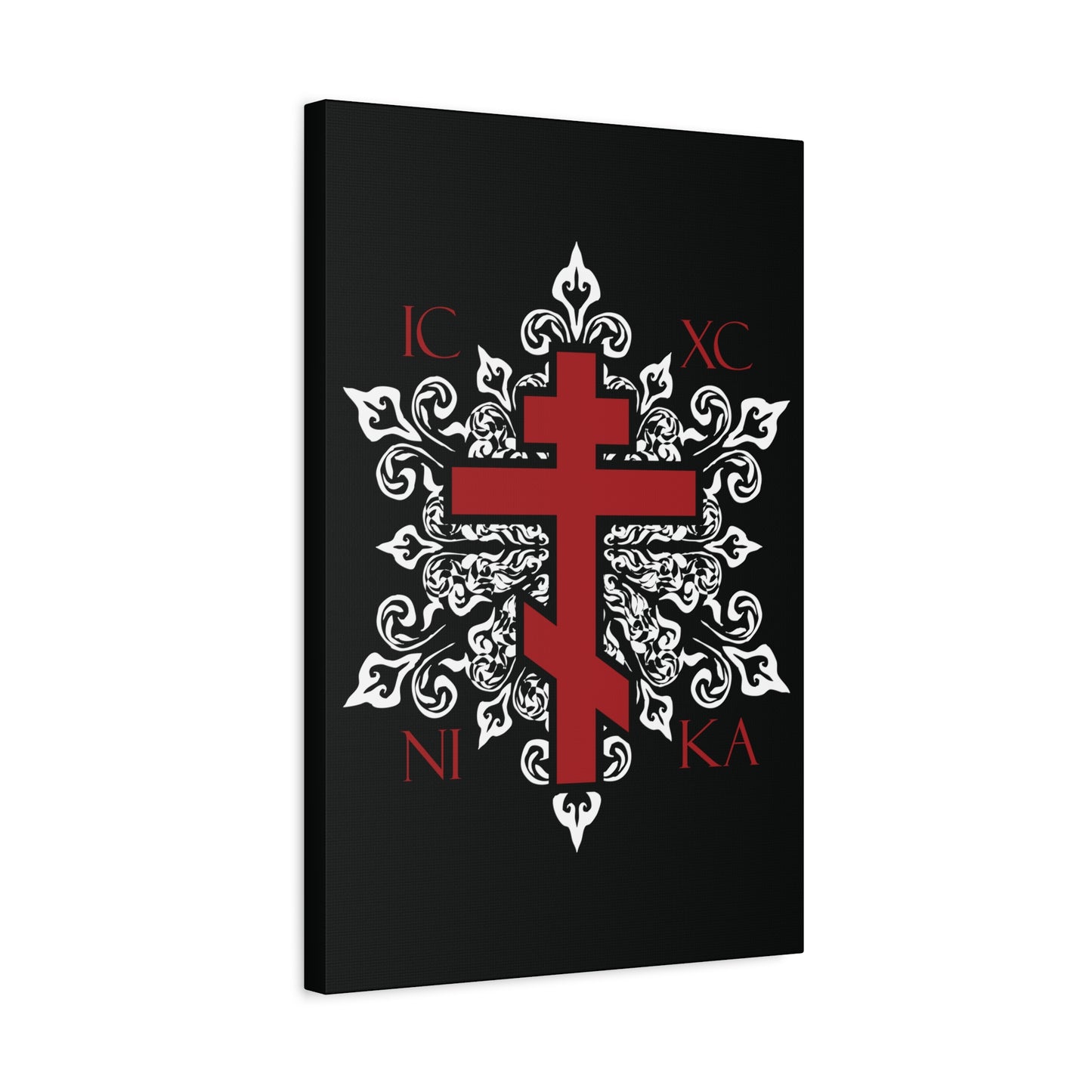 ICXC / NIKA Red Orthodox Cross on Ornate White Medieval Floral Design | Exclusive Best-Selling | Orthodox Christian Canvas Art