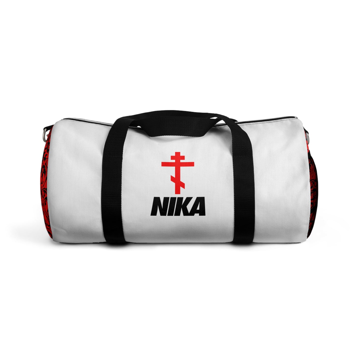 NIKA Red Orthodox Cross | White Bag | NIKE Logo Mashup | Minimalist Corporate Sports Logo Aesthetic | Orthodox Christian Gym Duffel Bag