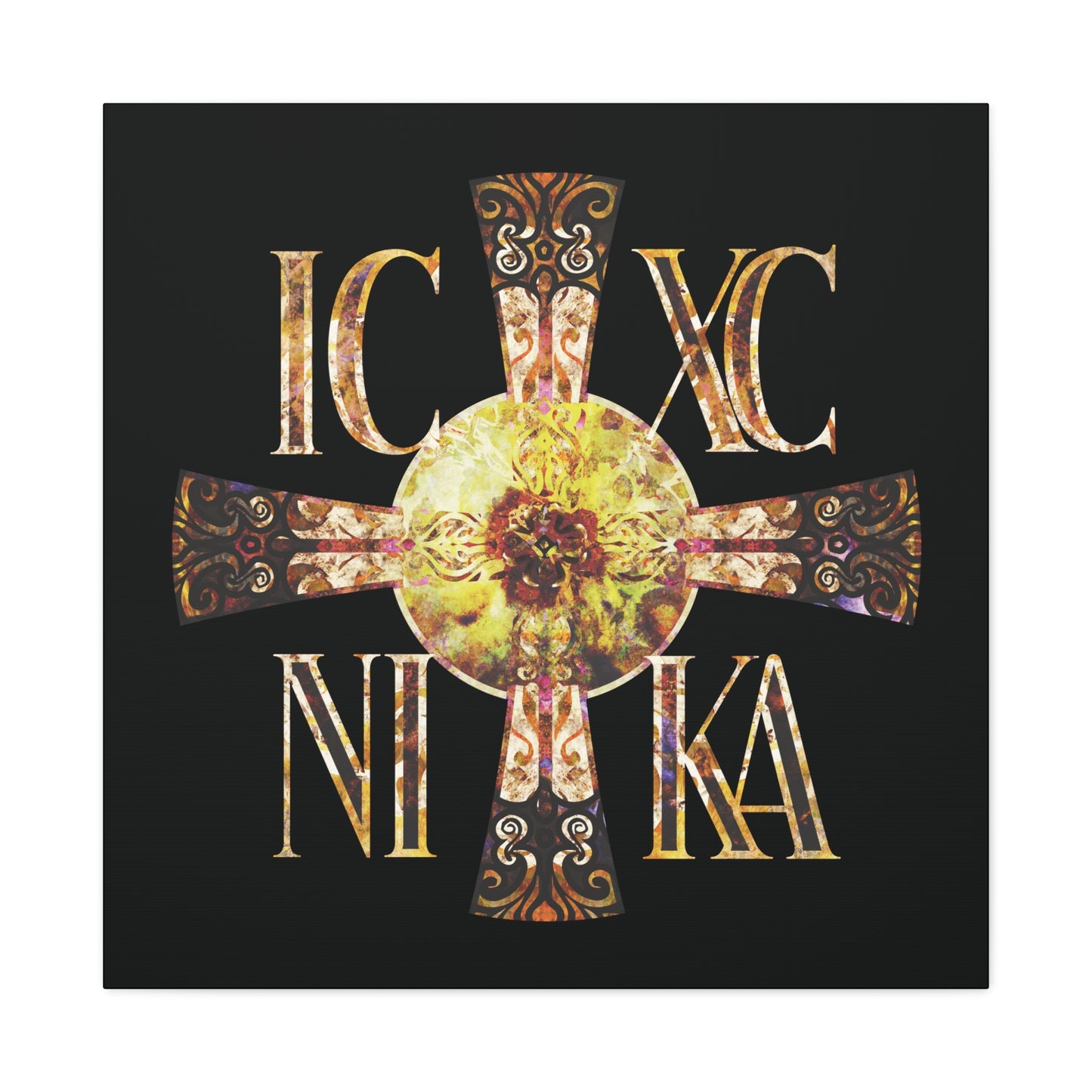 ICXC NIKA Celtic Style Equal Armed Cross | Bright Solar Texture | Orthodox Christian Canvas Art
