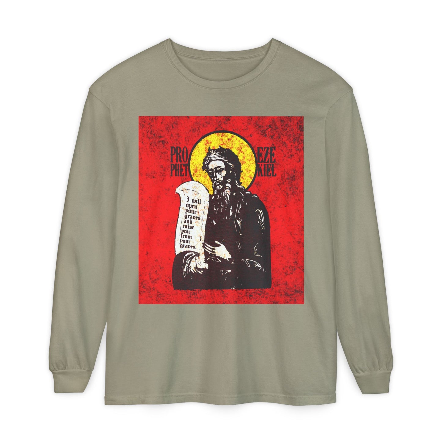 Prophet Ezekiel IconoGraphic | Textured, High Contrast Bright Red and Yellow Design | Old Testament | Orthodox Christian Long Sleeve Shirt