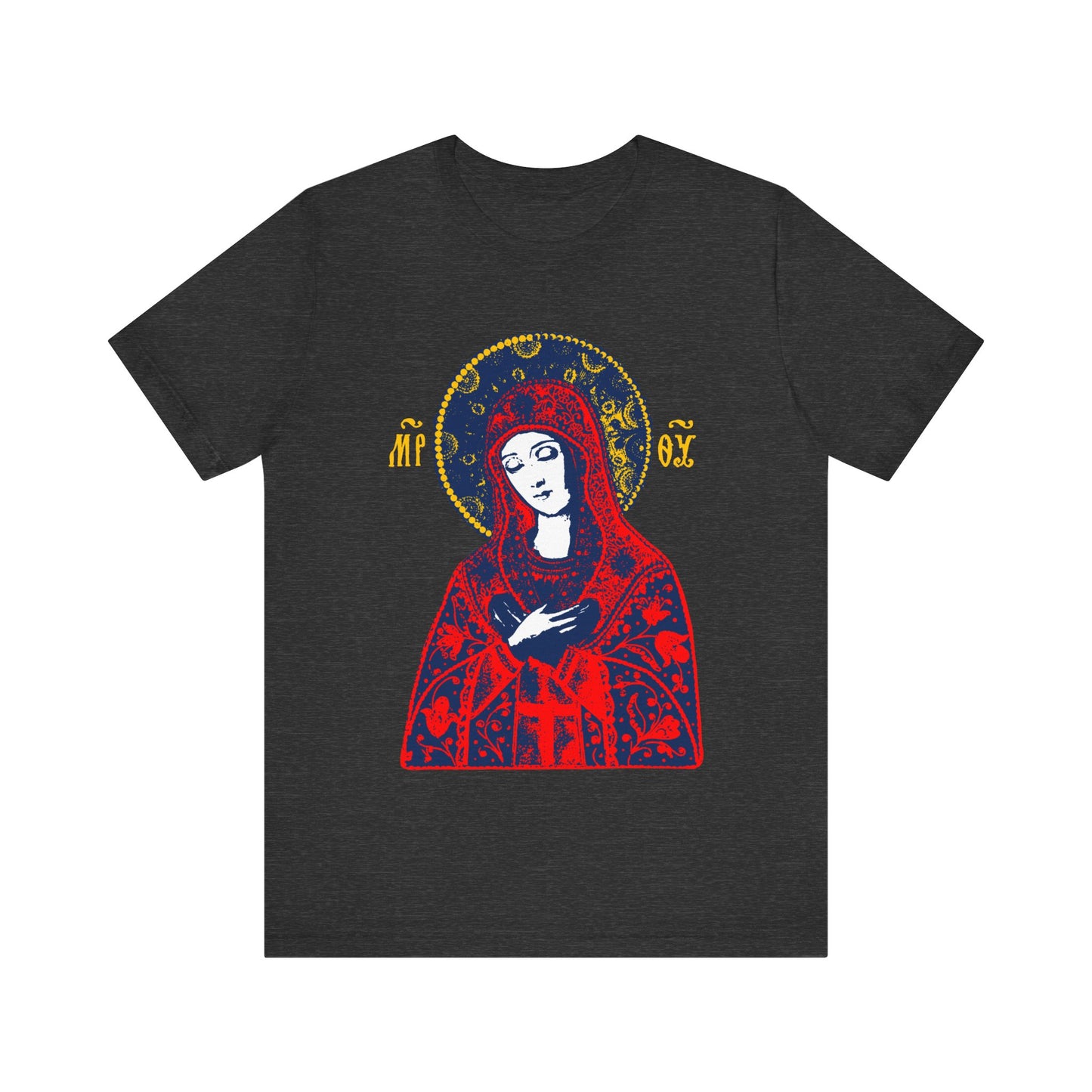 Dark Grey Heather t-shirt featuring the "Joy of All Joys Tenderness Theotokos" icon, inspired by traditional Orthodox iconography with a bright red design. Orthodox Christian t-shirt with ornate details and halo.