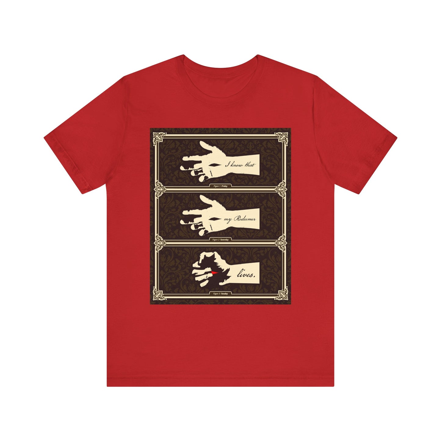 Red lightweight cotton unisex tee featuring vintage-style illustrations of the crucified Christ's hand in framed boxes, earthtone Americana style, with "I Know That My Redeemer Lives" (Job 19:25) in cursive.