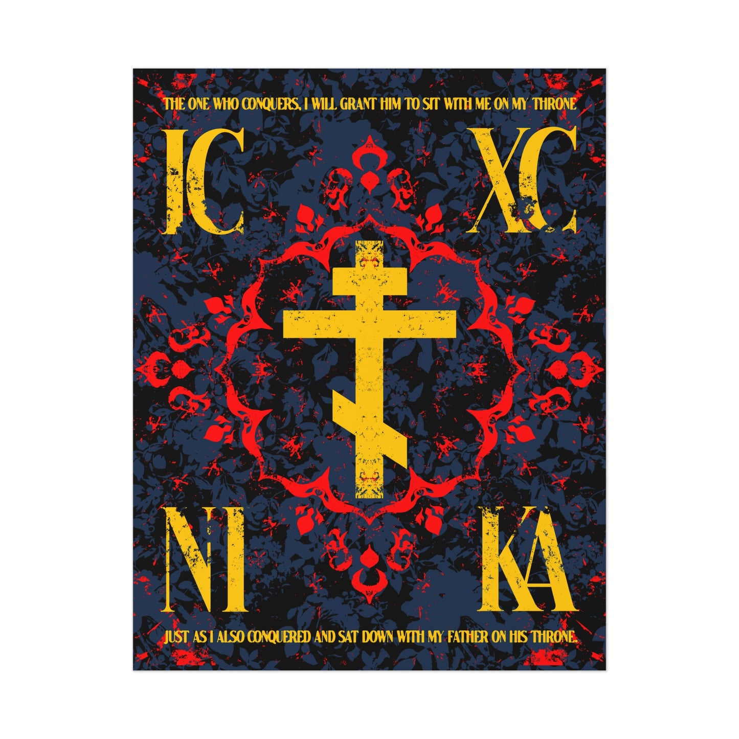 IC XC NIKA Orthodox Cross | Medieval Floral Design | The One Who Conquers (Revelation 3:21) | Orthodox Christian Art Poster