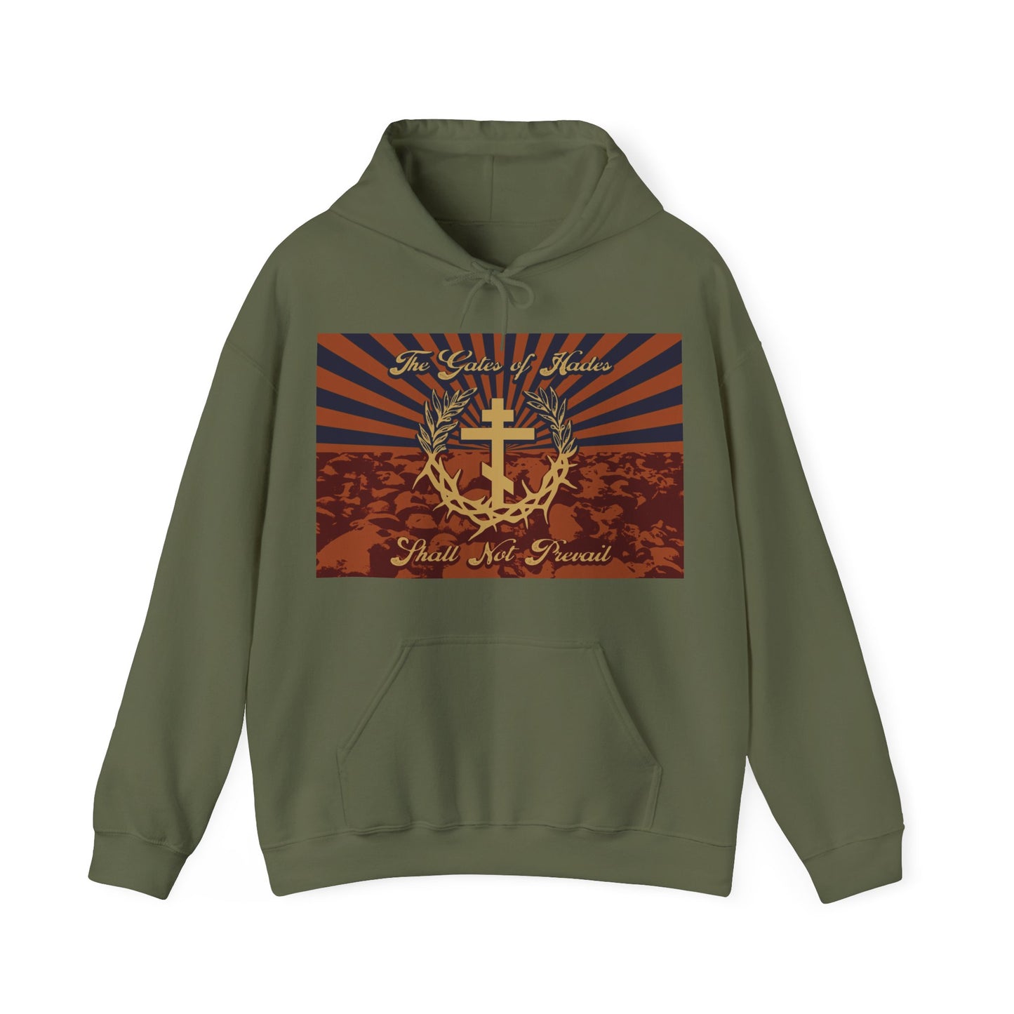 The Gates of Hades Shall Not Prevail | Cross with Wreath & Crown of Thorns | Skulls and Rays | Orthodox Christian Hoodie