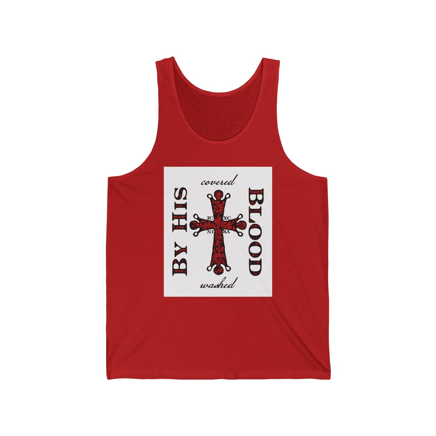Washed/Covered By His Blood (1 John 1:7) | ICXC NIKA Ornate Red Orthodox Cross | Orthodox Christian Jersey Tank Top / Sleeveless Shirt