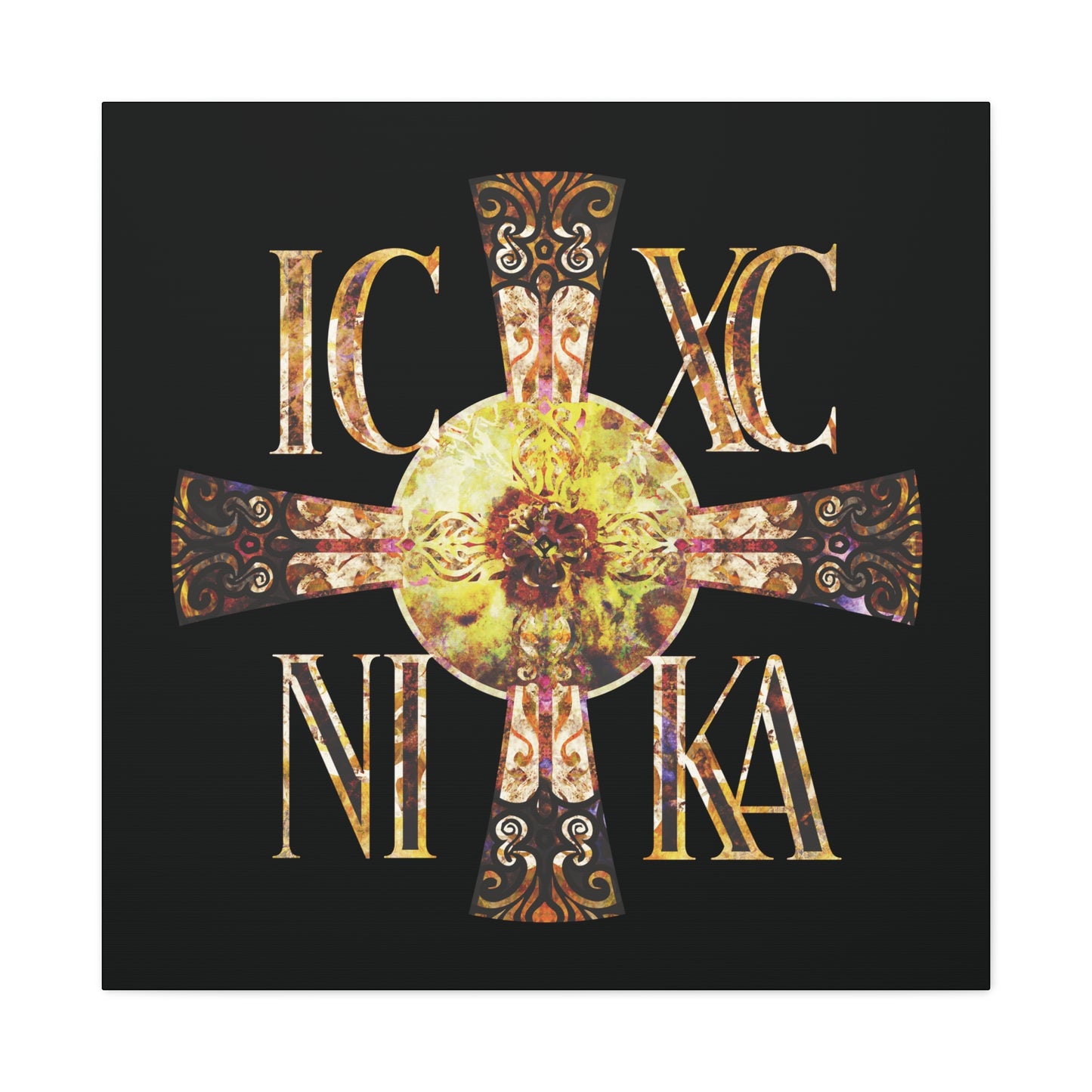 ICXC NIKA Celtic Style Equal Armed Cross | Bright Solar Texture | Orthodox Christian Canvas Art