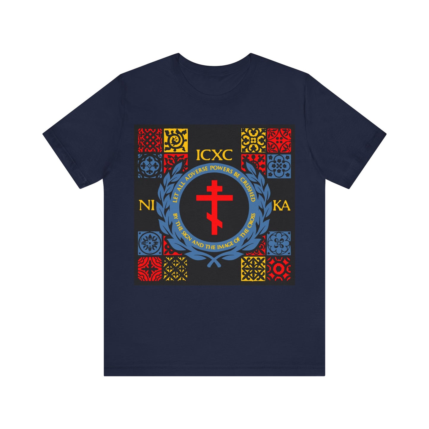 Let All Adverse Powers Be Crushed (Red, Yellow & Blue Design) | ICXC NIKA | Medieval Tile Design | Orthodox Christian T-Shirt