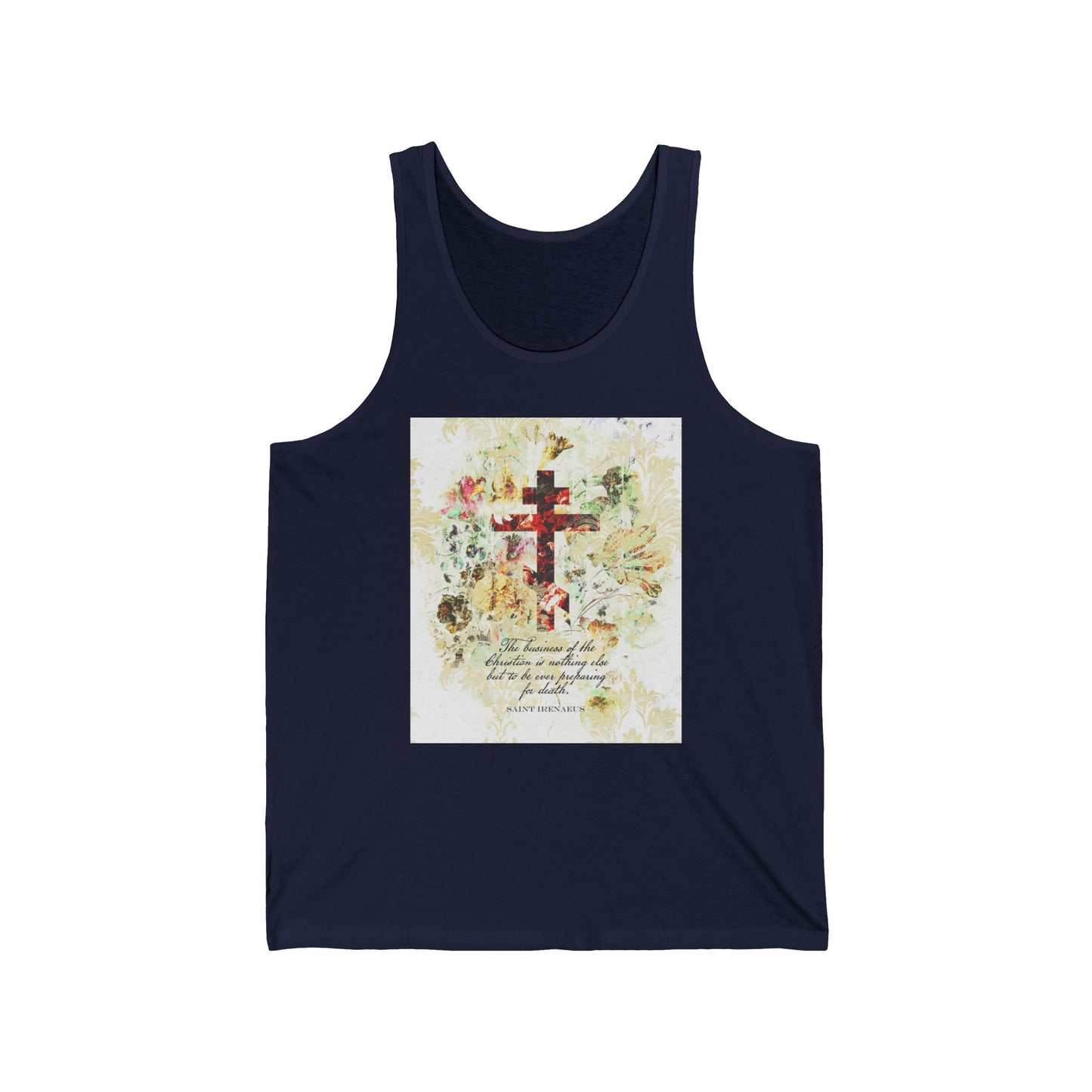 Preparing For Death | White & Beige Floral Scrapbook Texture Cross | Arts & Crafts Style | St Irenaeus | Orthodox Christian Jersey Tank Top