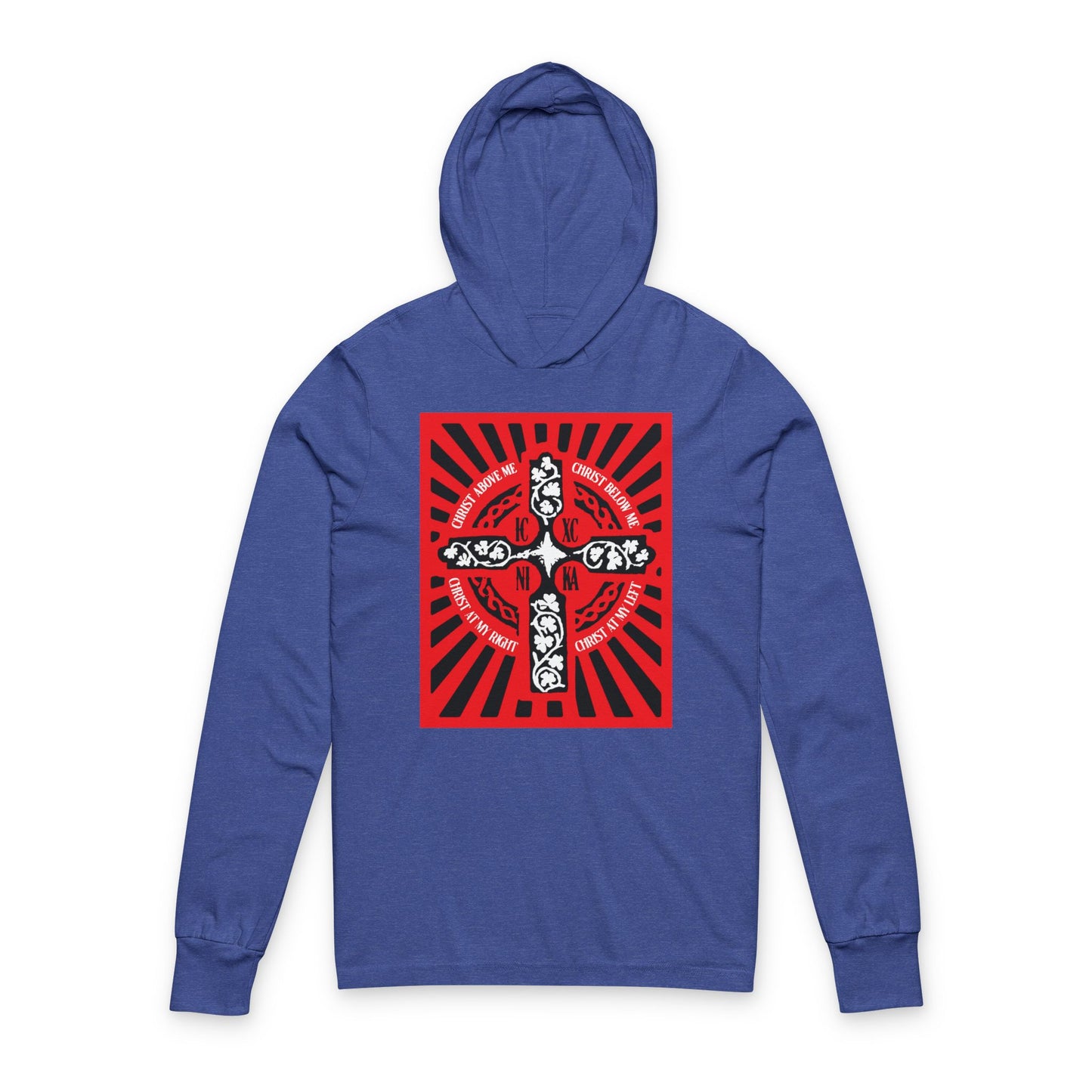 Red ICXC NIKA Enniskillen Celtic Cross | Lorica of St. Patrick | Shield Prayer | Orthodox Christian Long Sleeve Hooded Shirt