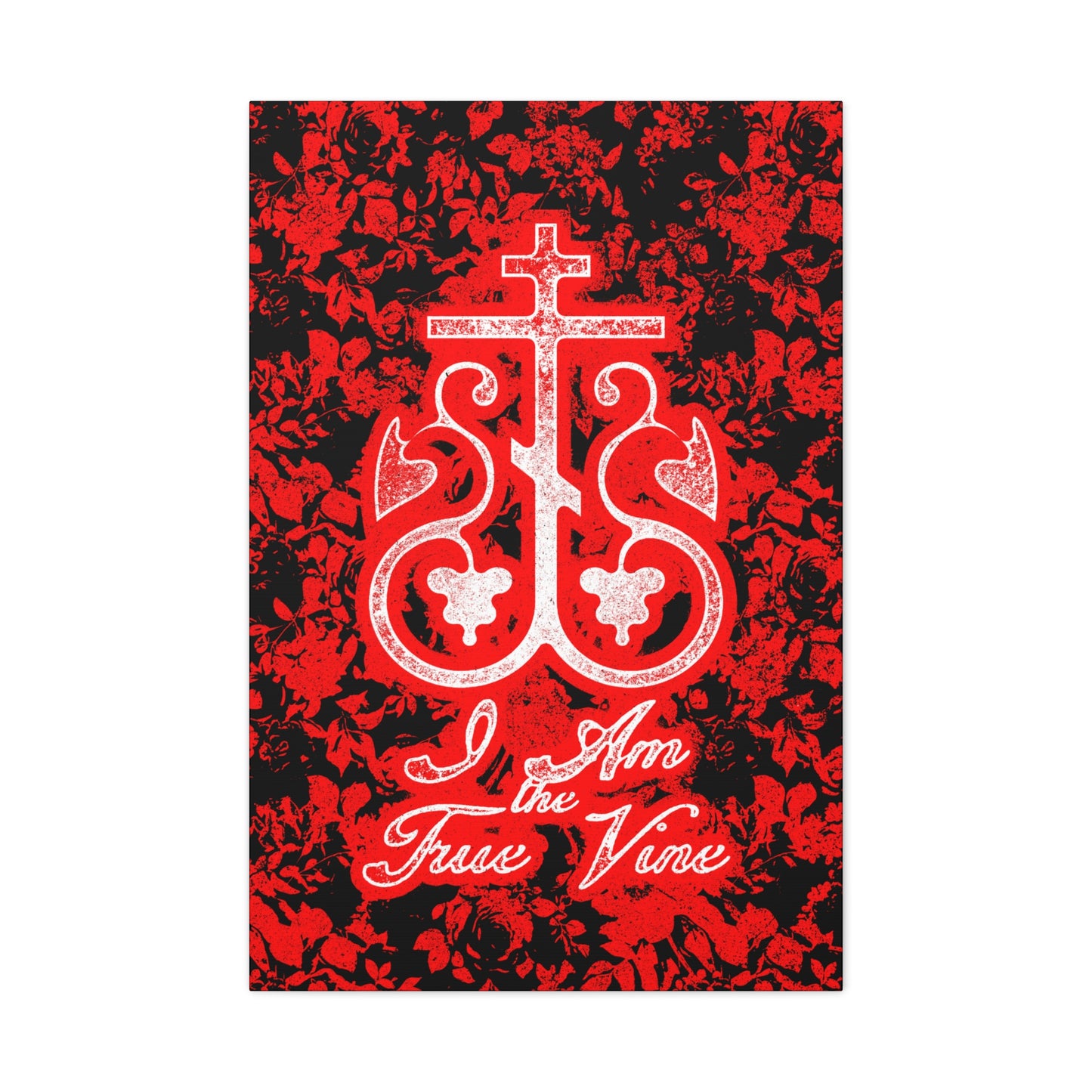 I Am the True Vine (John 15:1) | Orthodox Cross Vine Monogram | Red and Black Floral Design | Orthodox Christian Canvas Art
