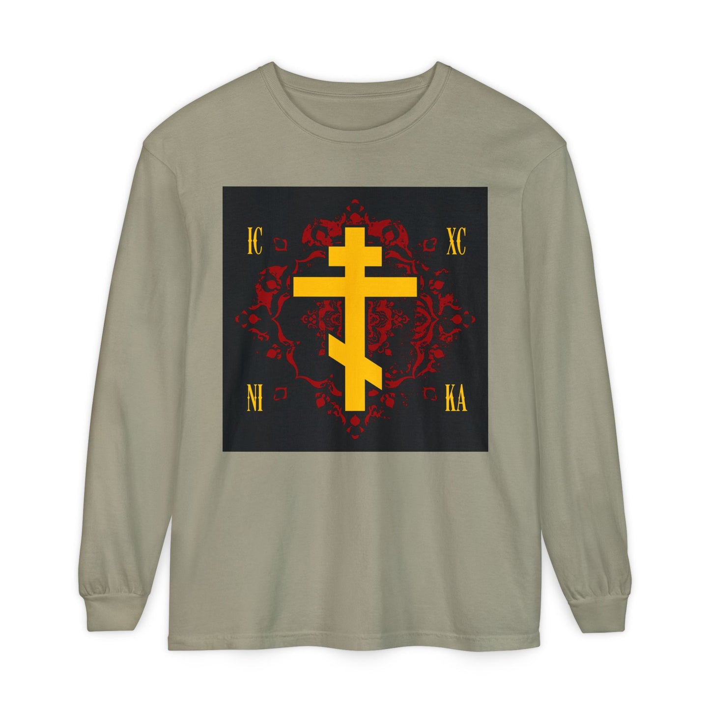 Sandstone long-sleeve shirt featuring a yellow Russian ICXC NIKA cross on an ornate red background—Orthodox Christian design honoring Jesus Christ Conquers.