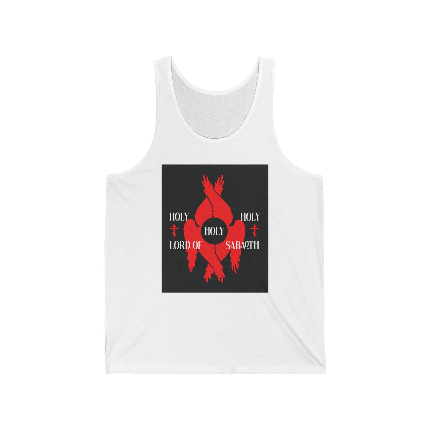 White cotton tank top with red six-winged seraphim, Orthodox crosses, and "Holy Holy Holy Lord of Sabaoth" from Isaiah 6:3.