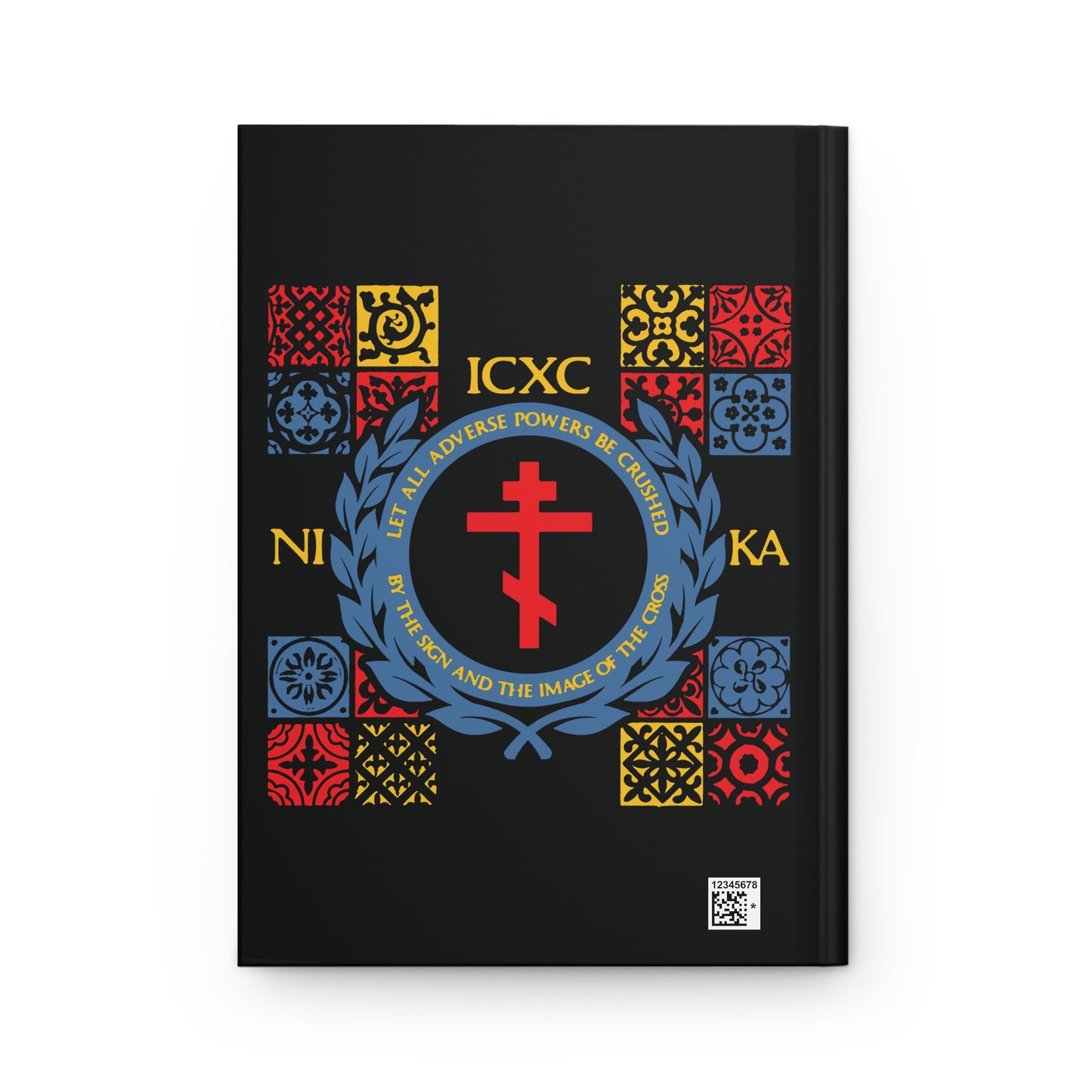 Let All Adverse Powers Be Crushed (Red, Yellow & Blue Design) | ICXC NIKA | Medieval Tile Design | Orthodox Christian Hardcover Journal