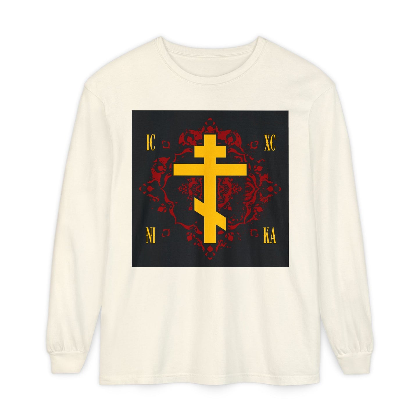Ivory long-sleeve shirt featuring the ICXC NIKA yellow Russian cross on an ornate red background. Inspired by St. Kosmas Aitolos, this Orthodox Christian design symbolizes Jesus Christ conquers and the grace of sonship.