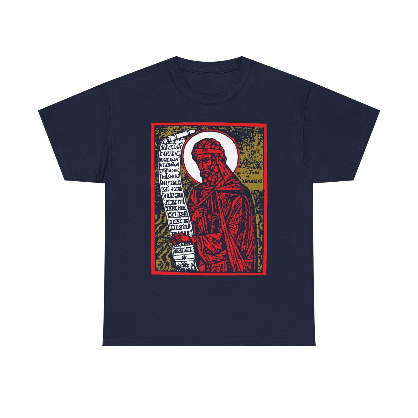 The St. John of Damascus Icono-Graphic Tee is a navy midweight cotton unisex shirt featuring a red, gold, and black high-contrast Orthodox Christian saint graphic inspired by the Stichera for the Dead.