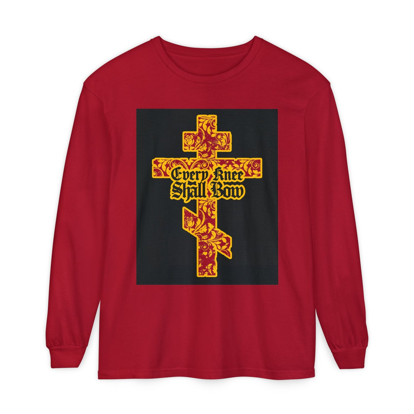 Red long sleeve with gold and red floral Orthodox cross and “Every Knee Shall Bow” in gothic lettering on front, inspired by Isaiah 45:22-24 and Phil 2:7-11; celebrates the righteousness found in Jesus Christ.